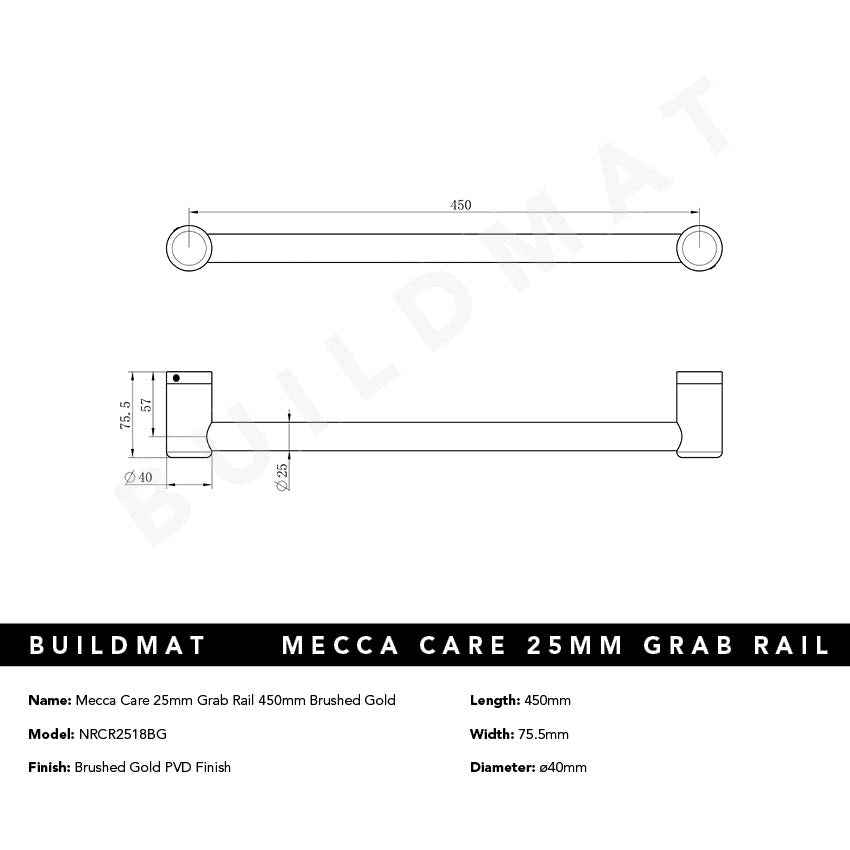 Mecca Care 25mm Grab Rail 450mm Brushed Gold