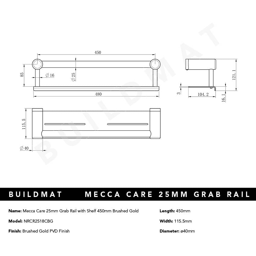 Mecca Care 25mm Grab Rail with Shelf 450mm Brushed Gold