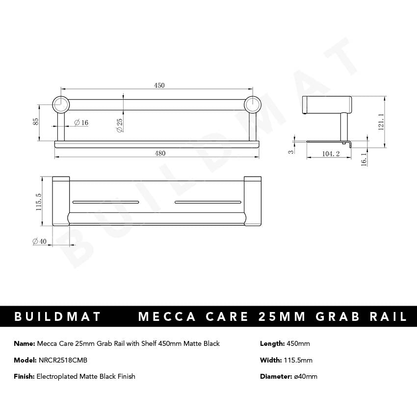 Mecca Care 25mm Grab Rail with Shelf 450mm Matte Black