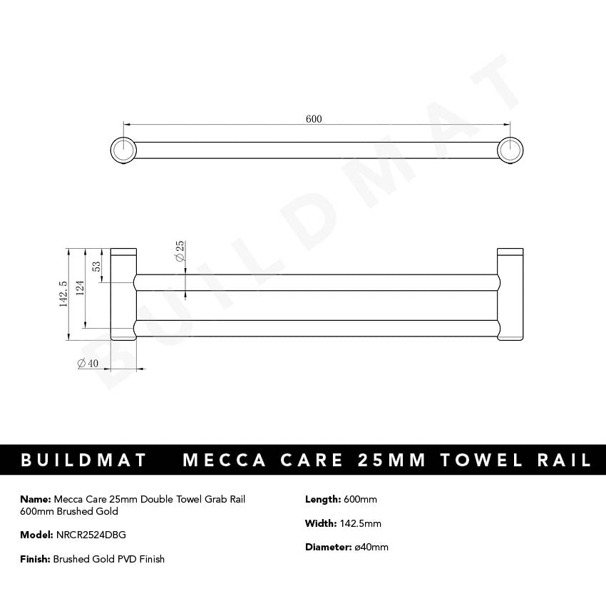 Mecca Care 25mm Double Towel Grab Rail 600mm Brushed Gold