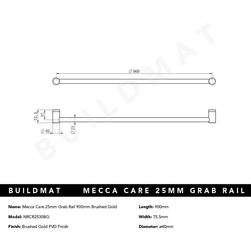 Mecca Care 25mm Grab Rail 900mm Brushed Gold