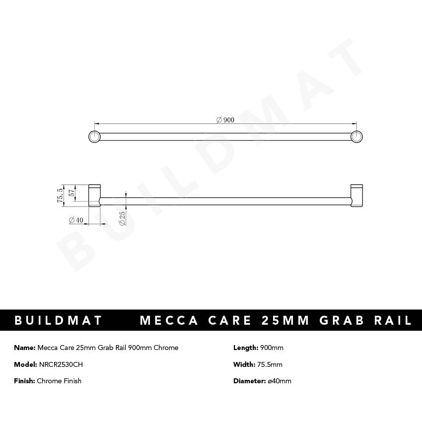 Mecca Care 25mm Grab Rail 900mm Chrome