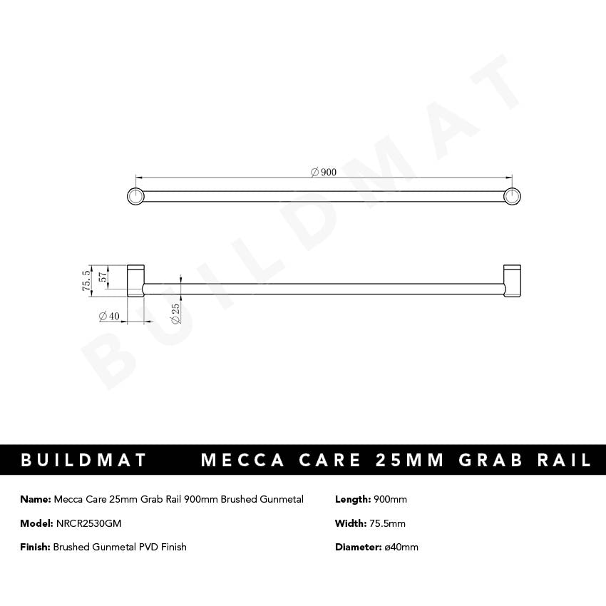 Mecca Care 25mm Grab Rail 900mm Brushed Gunmetal