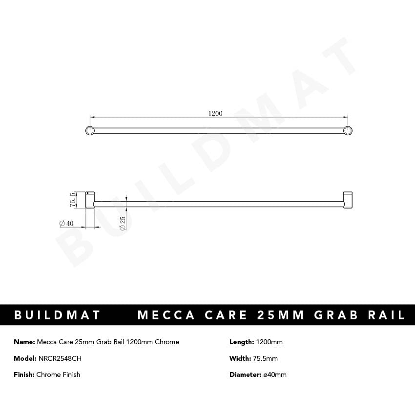 Mecca Care 25mm Grab Rail 1200mm Chrome