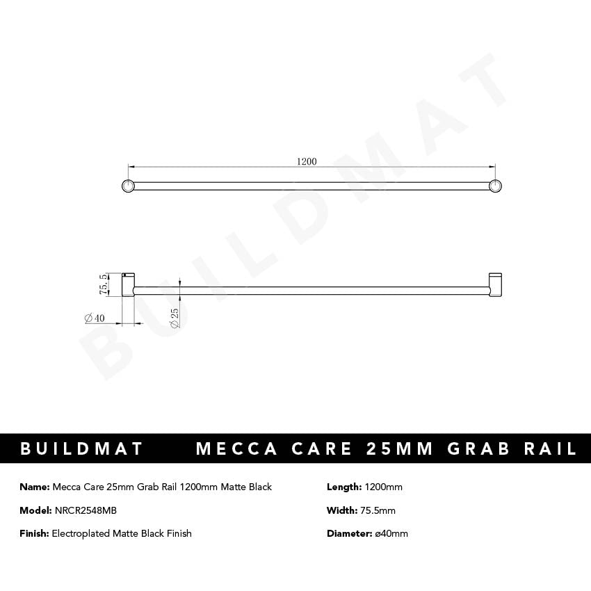 Mecca Care 25mm Grab Rail 1200mm Matte Black