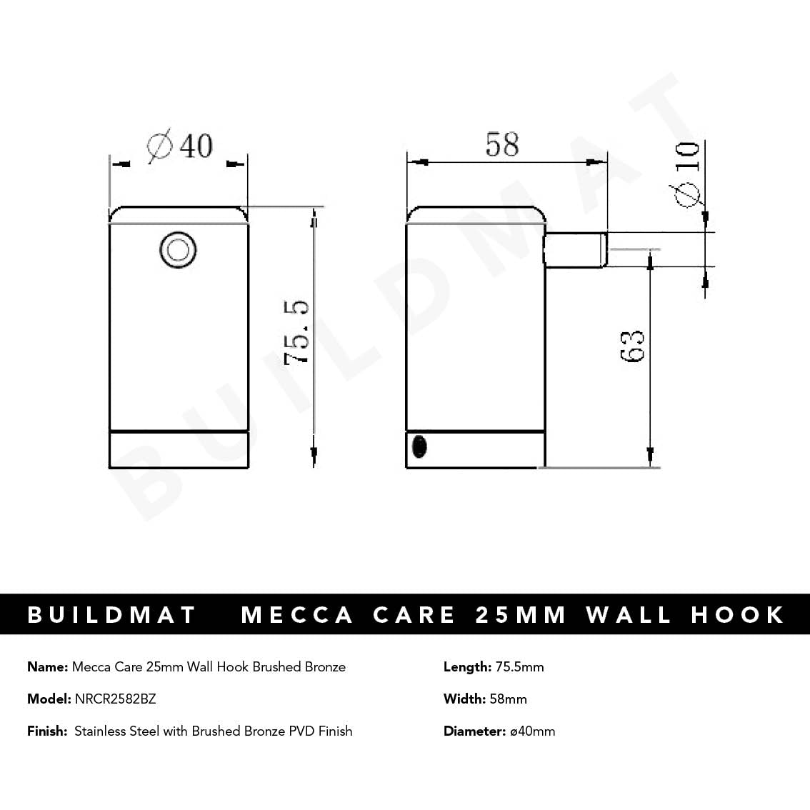 Mecca Care 25mm Wall Hook Brushed Bronze