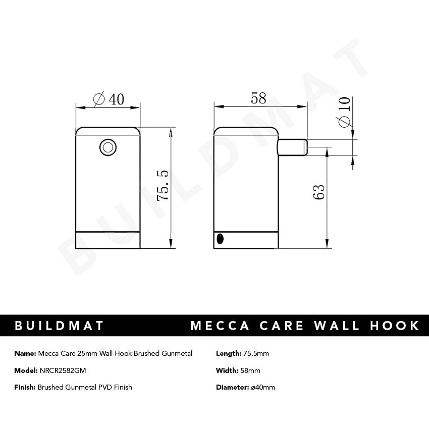 Mecca Care 25mm Wall Hook Brushed Gunmetal