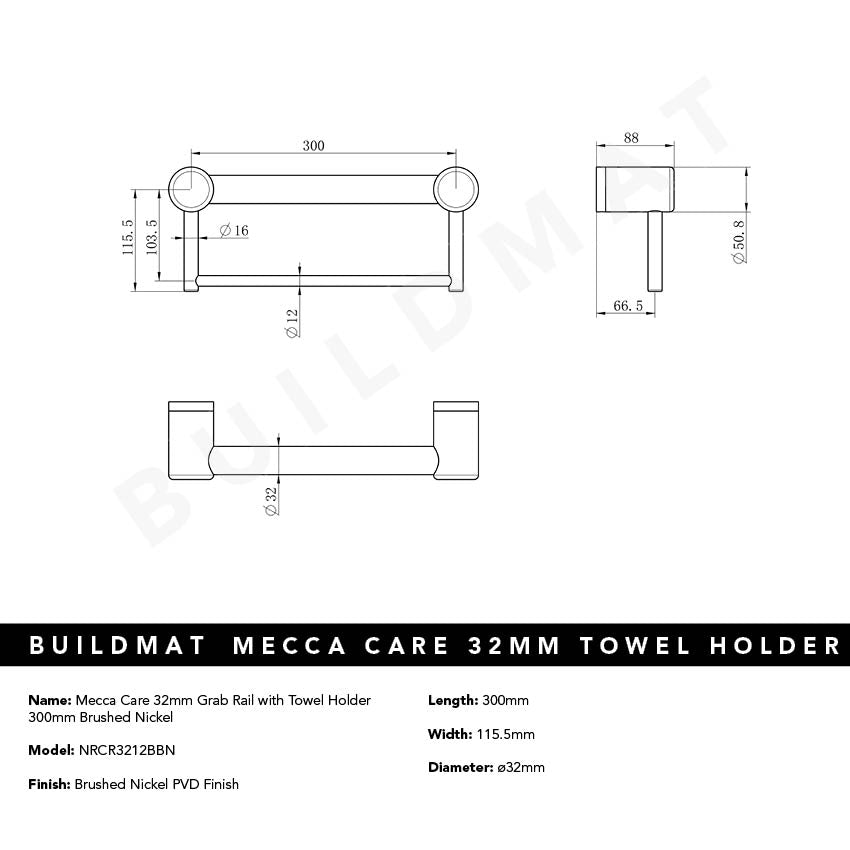 Mecca Care 32mm Grab Rail with Towel Holder 300mm Brushed Nickel