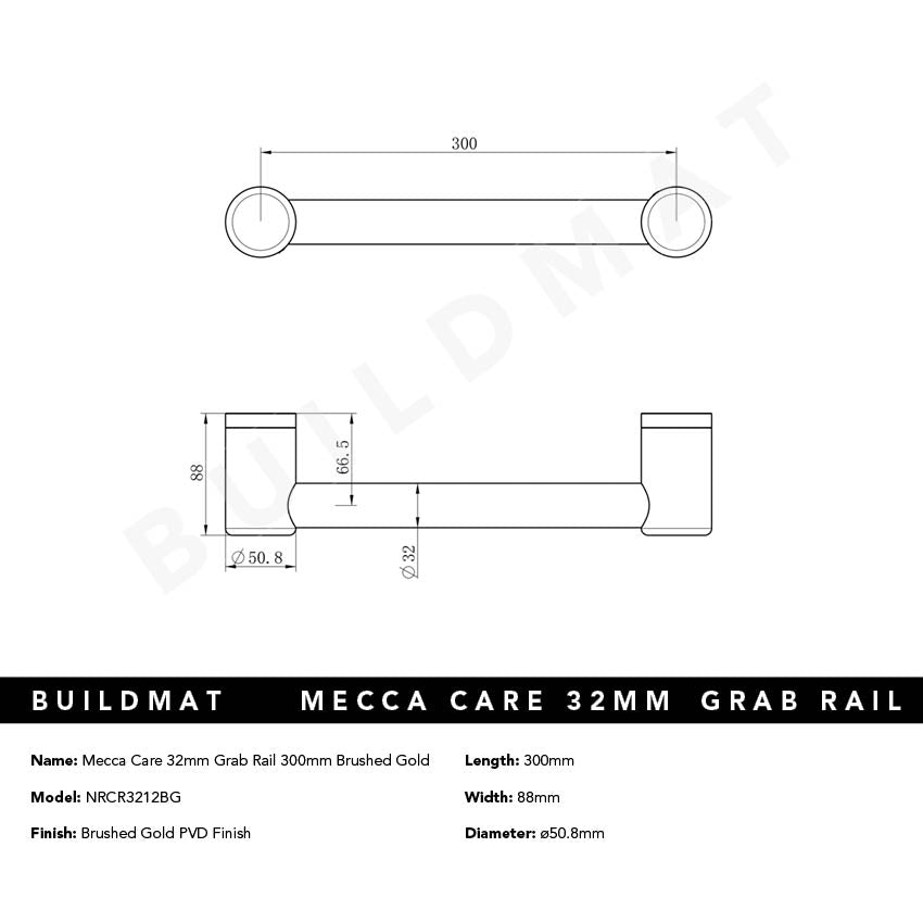 Mecca Care 32mm Grab Rail 300mm Brushed Gold