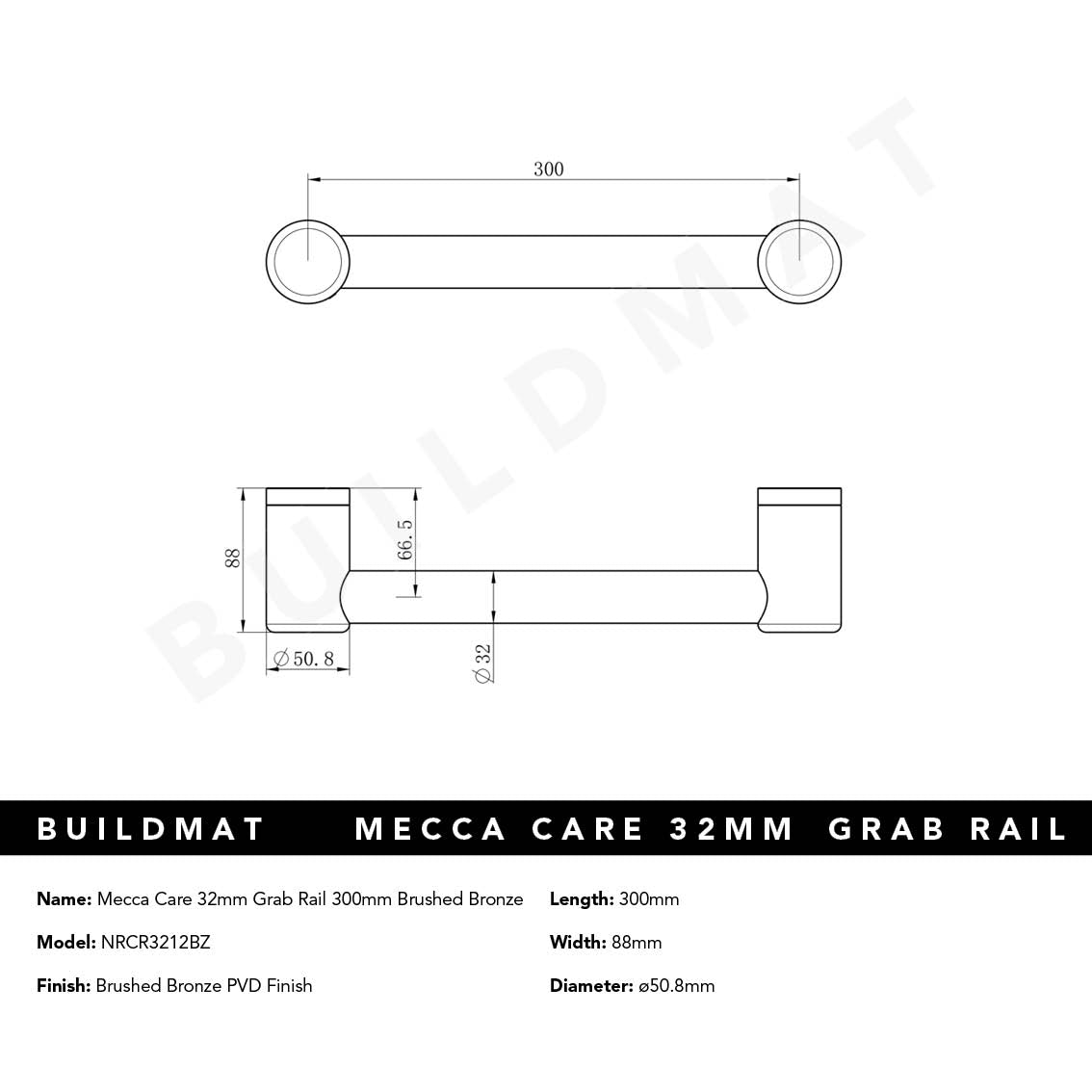 Mecca Care 32mm Grab Rail 300mm Brushed Bronze