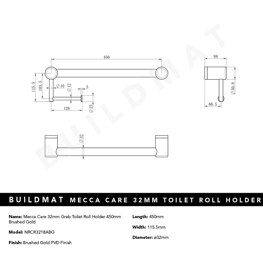 Mecca Care 32mm Grab Rail Toilet Roll Holder 450mm Brushed Gold