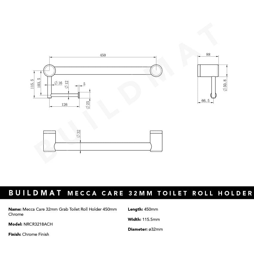 Mecca Care 32mm Grab Rail Toilet Roll Holder 450mm Chrome