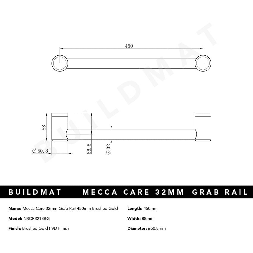 Mecca Care 32mm Grab Rail 450mm Brushed Gold