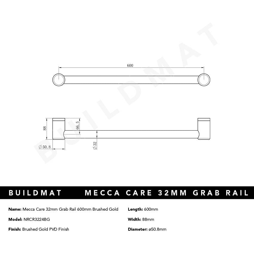 Mecca Care 32mm Grab Rail 600mm Brushed Gold