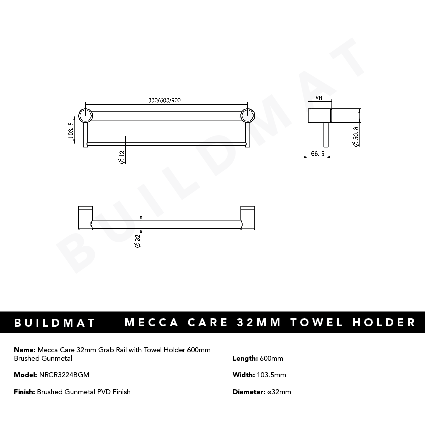 Mecca Care 32mm Grab Rail with Towel Holder 600mm Brushed Gunmetal