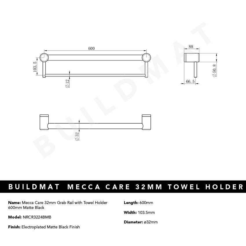 Mecca Care 32mm Grab Rail with Towel Holder 600mm Matte Black