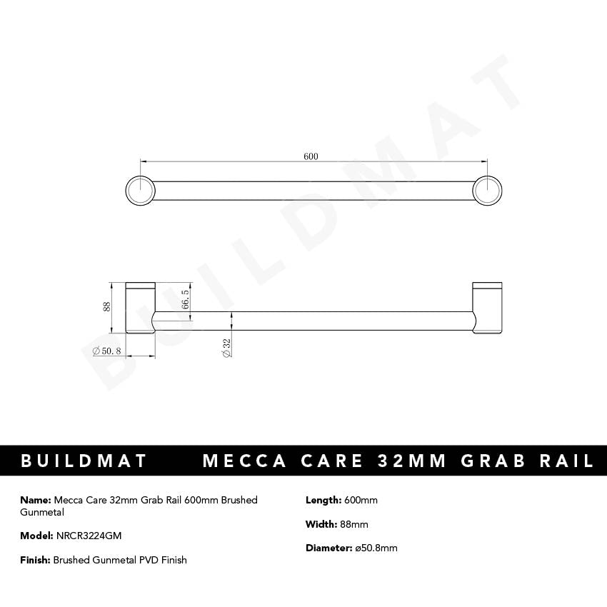 Mecca Care 32mm Grab Rail 600mm Brushed Gunmetal