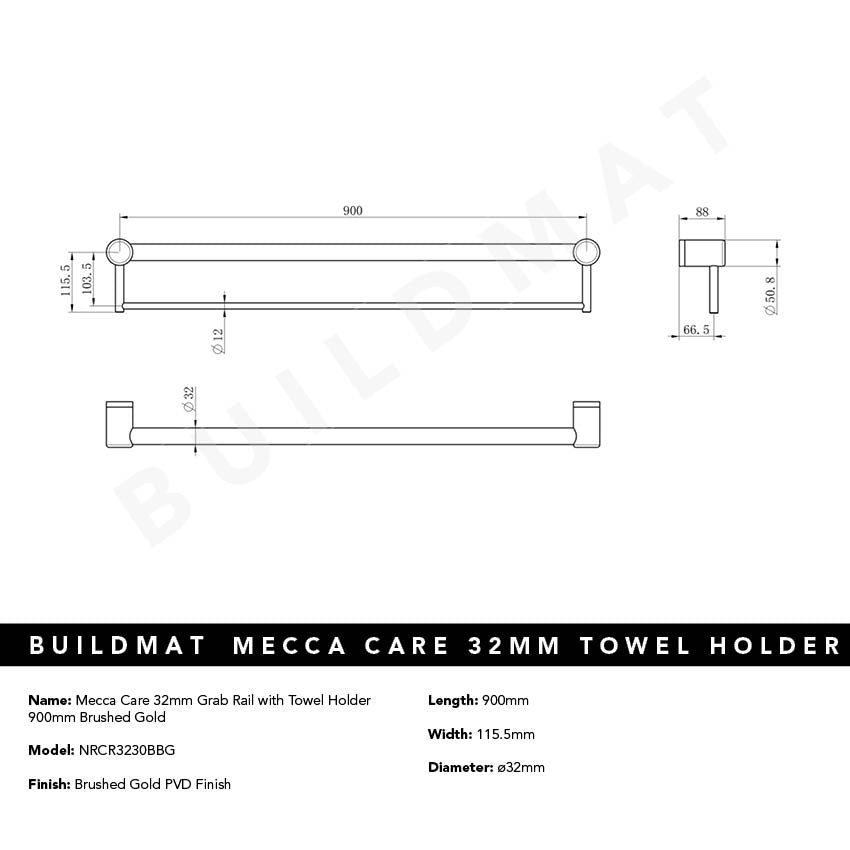 Mecca Care 32mm Grab Rail with Towel Holder 900mm Brushed Gold