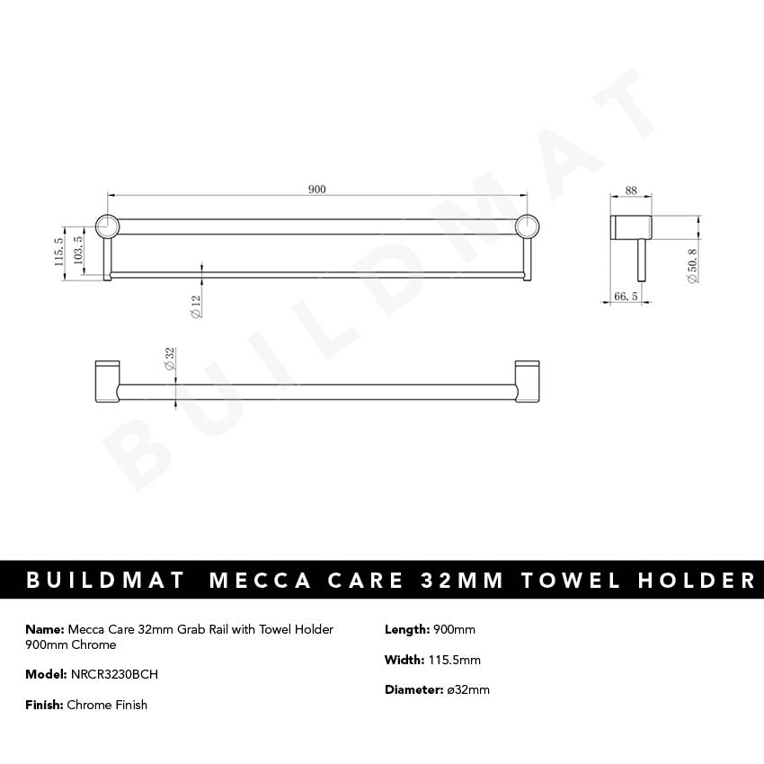 Mecca Care 32mm Grab Rail with Towel Holder 900mm Chrome