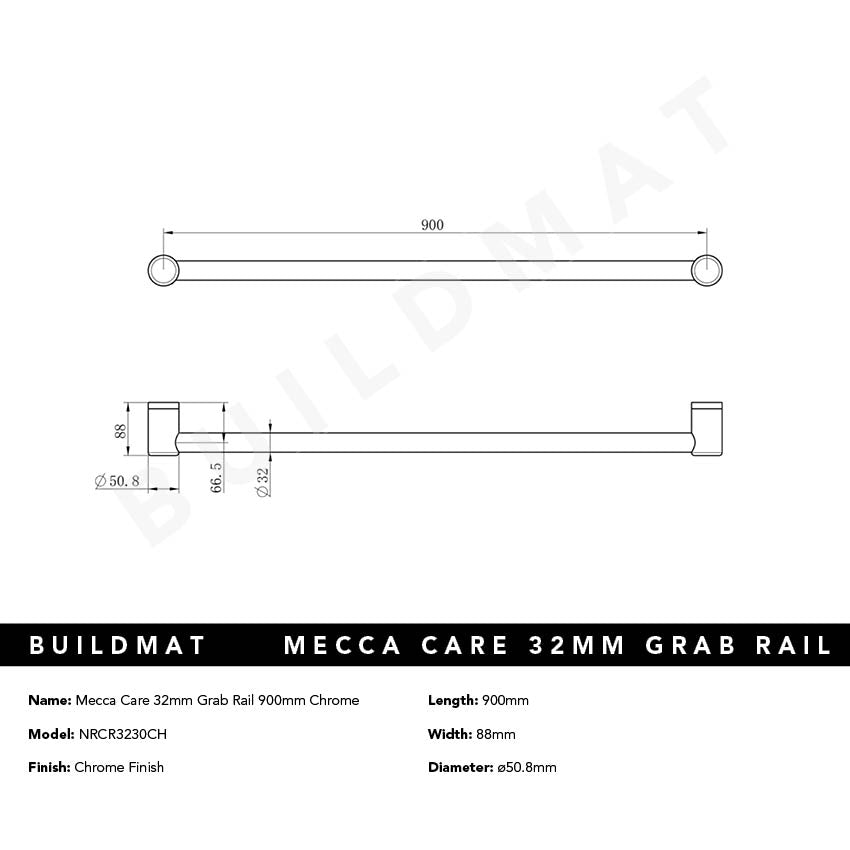 Mecca Care 32mm Grab Rail 900mm Chrome