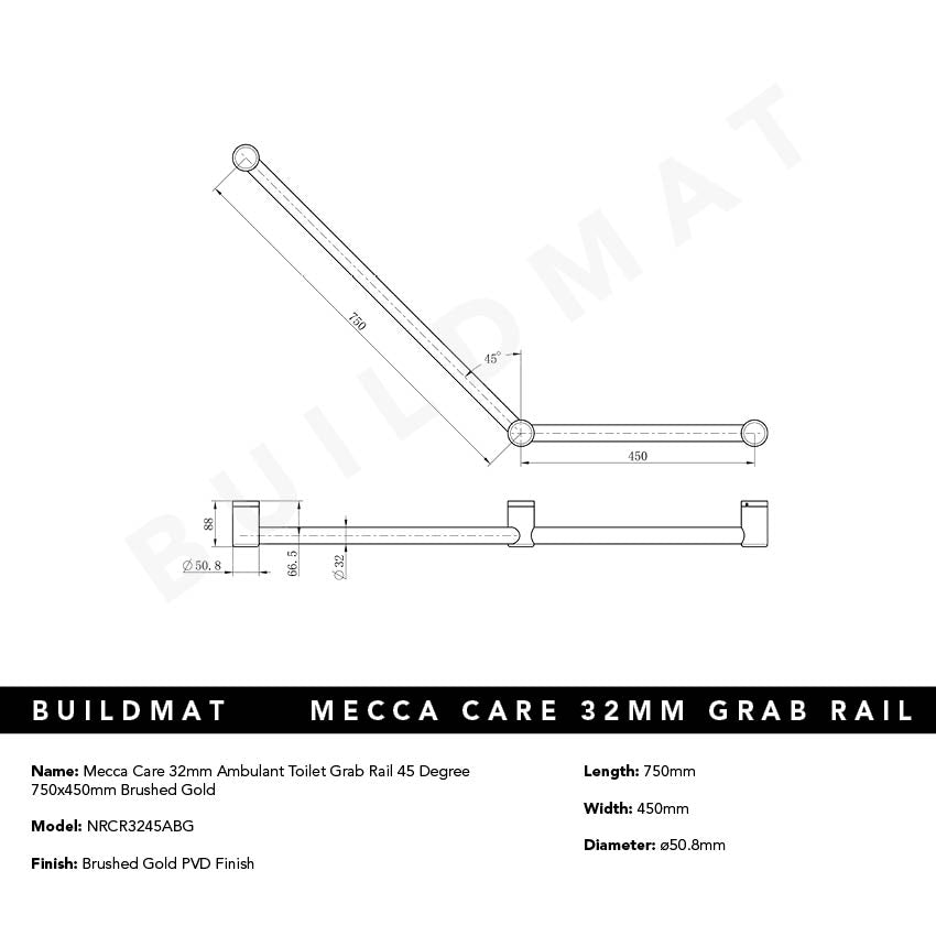 Mecca Care 32mm Ambulant Toilet Grab Rail 45 Degree 750x450mm Brushed Gold