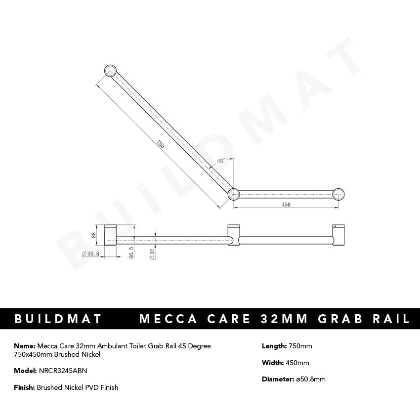 Mecca Care 32mm Ambulant Toilet Grab Rail 45 Degree 750x450mm Brushed Nickel