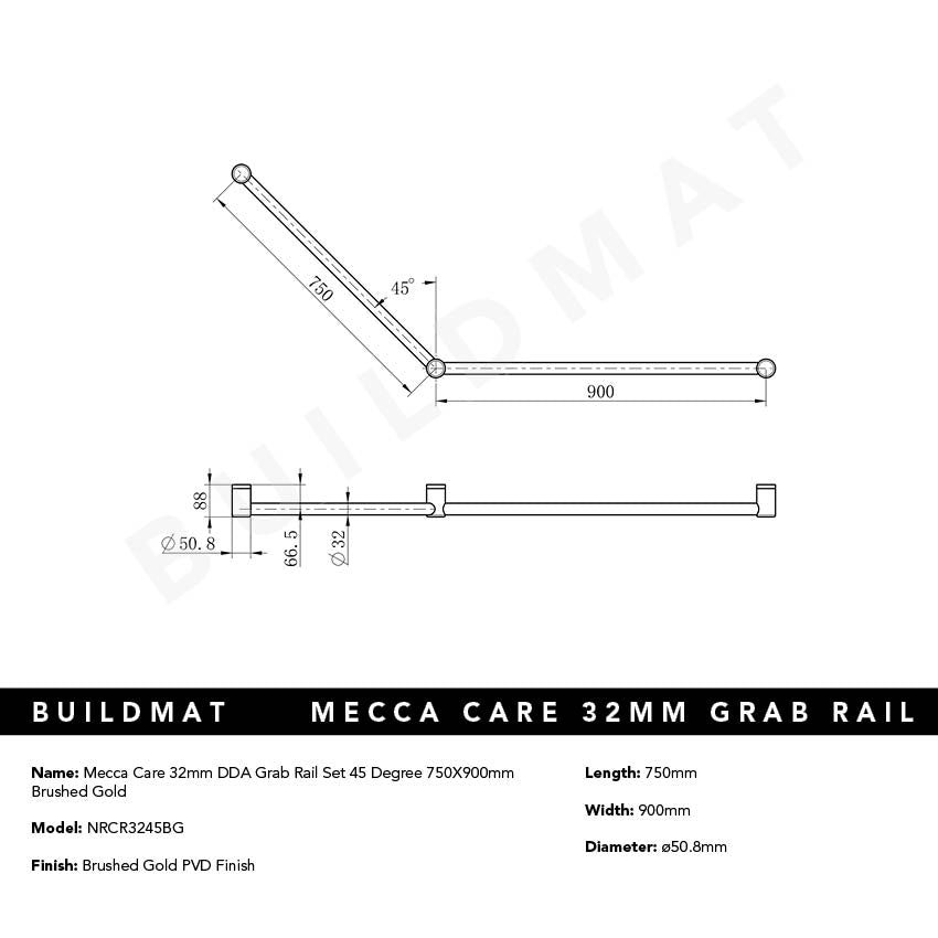 Mecca Care 32mm DDA Grab Rail Set 45 Degree 750x900mm Brushed Gold