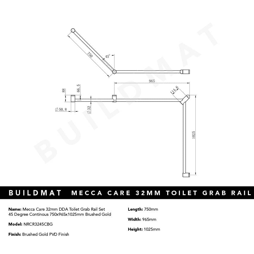 Mecca Care 32mm DDA Toilet Grab Rail Set 45 Degree Continuous 750x965x1025mm Brushed Gold