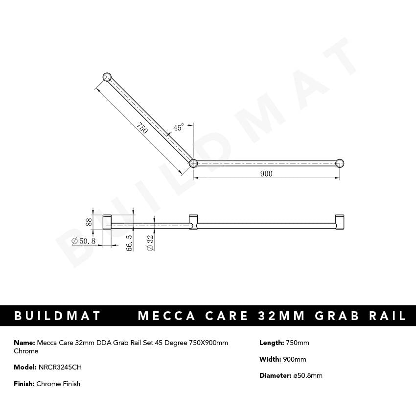 Mecca Care 32mm DDA Grab Rail Set 45 Degree 750x900mm Chrome