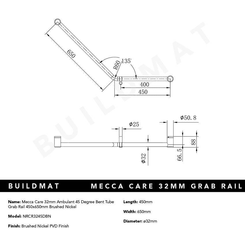 Mecca Care 32mm Ambulant 45 Degree Bent Tube Grab Rail 450x650mm Brushed Nickel