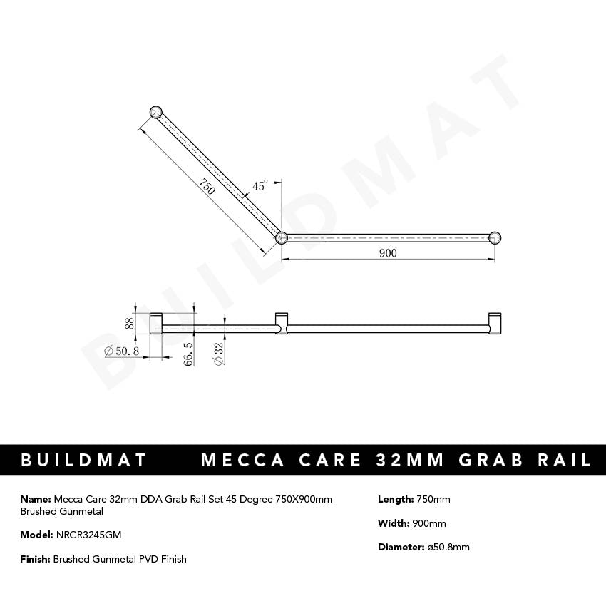 Mecca Care 32mm DDA Grab Rail Set 45 Degree 750x900mm Brushed Gunmetal