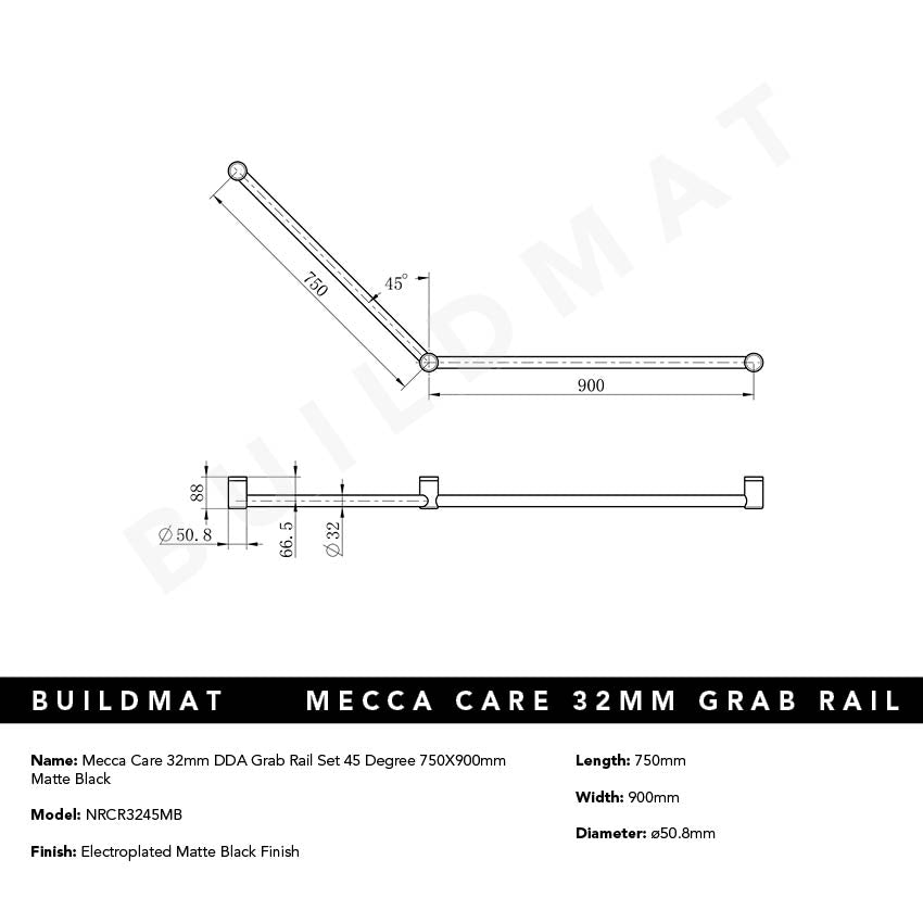 Mecca Care 32mm DDA Grab Rail Set 45 Degree 750x900mm Matte Black