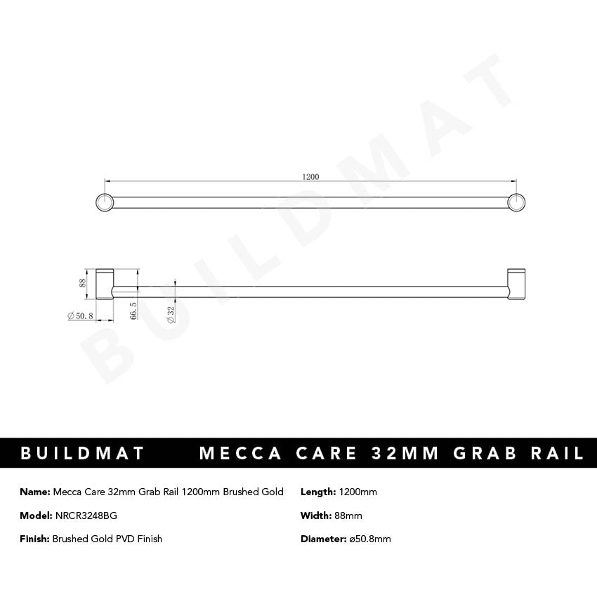 Mecca Care 32mm Grab Rail 1200mm Brushed Gold