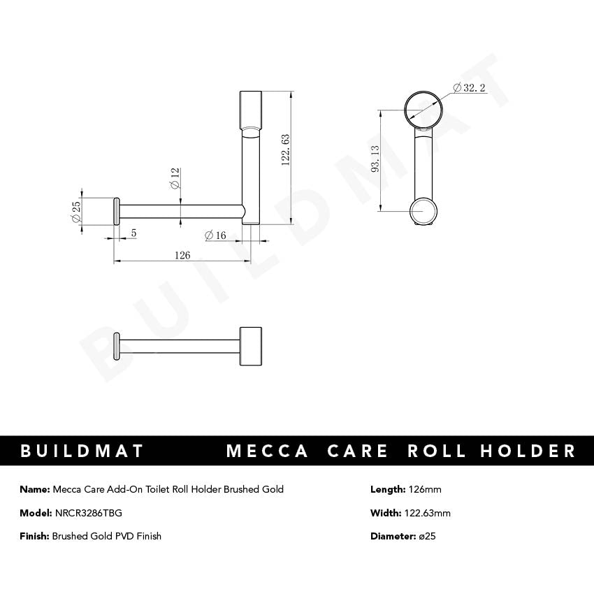 Mecca Care Add-on Toilet Roll Holder Brushed Gold