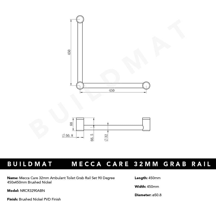 Mecca Care 32mm Ambulant Toilet Grab Rail 90 Degree 450x450mm Brushed Nickel