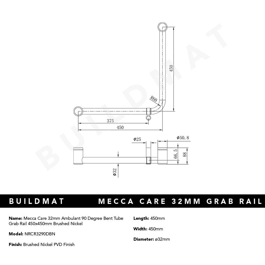 Mecca Care 32mm Ambulant 90 Degree Bent Tube Grab Rail 450x450mm Brushed Nickel