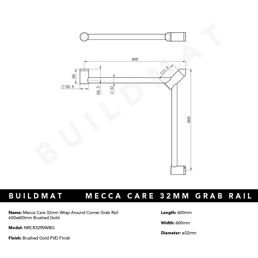 Mecca Care 32mm Wrap Around Corner Grab Rail 600x600mm Brushed Gold