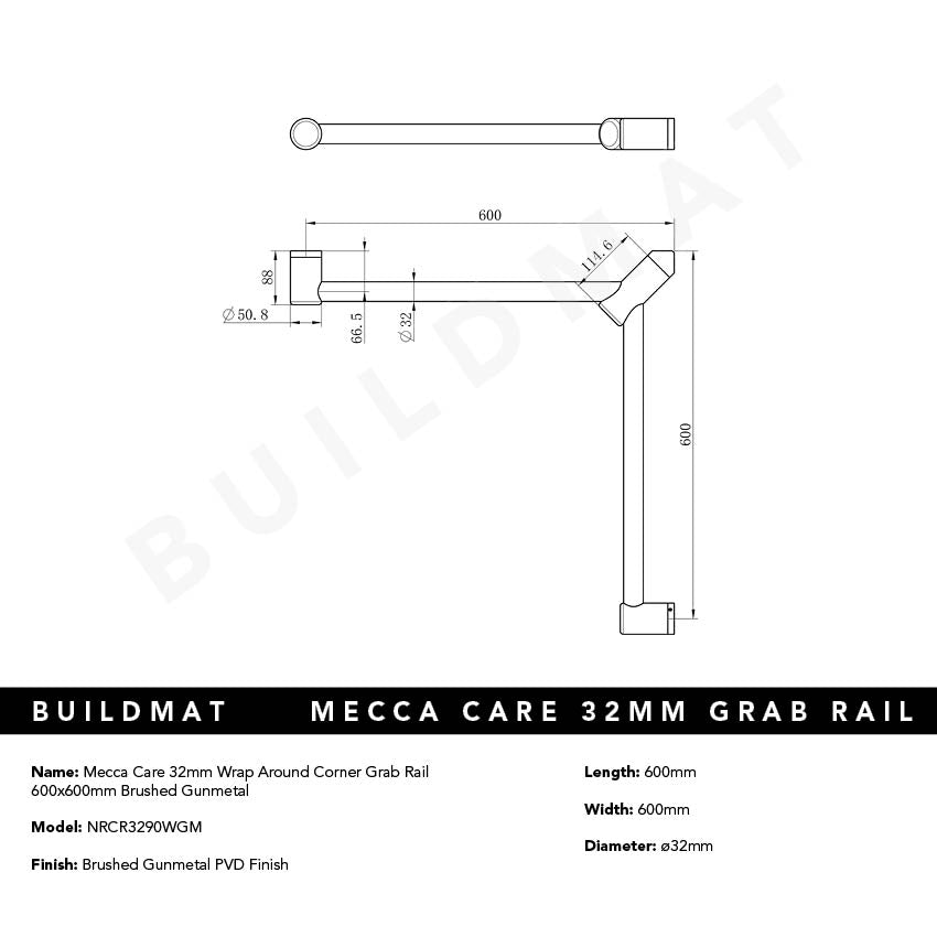 Mecca Care 32mm Wrap Around Corner Grab Rail 600x600mm Brushed Gunmetal