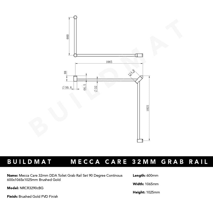 Mecca Care 32mm DDA Toilet Grab Rail Set 90 Degree Continuous 600x1065x1025mm Brushed Gold