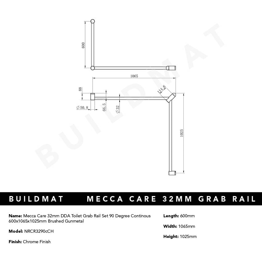 Mecca Care 32mm DDA Toilet Grab Rail Set 90 Degree Continuous 600x1065x1025mm Chrome