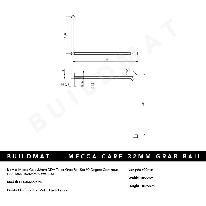 Mecca Care 32mm DDA Toilet Grab Rail Set 90 Degree Continuous 600x1065x1025mm Matte Black