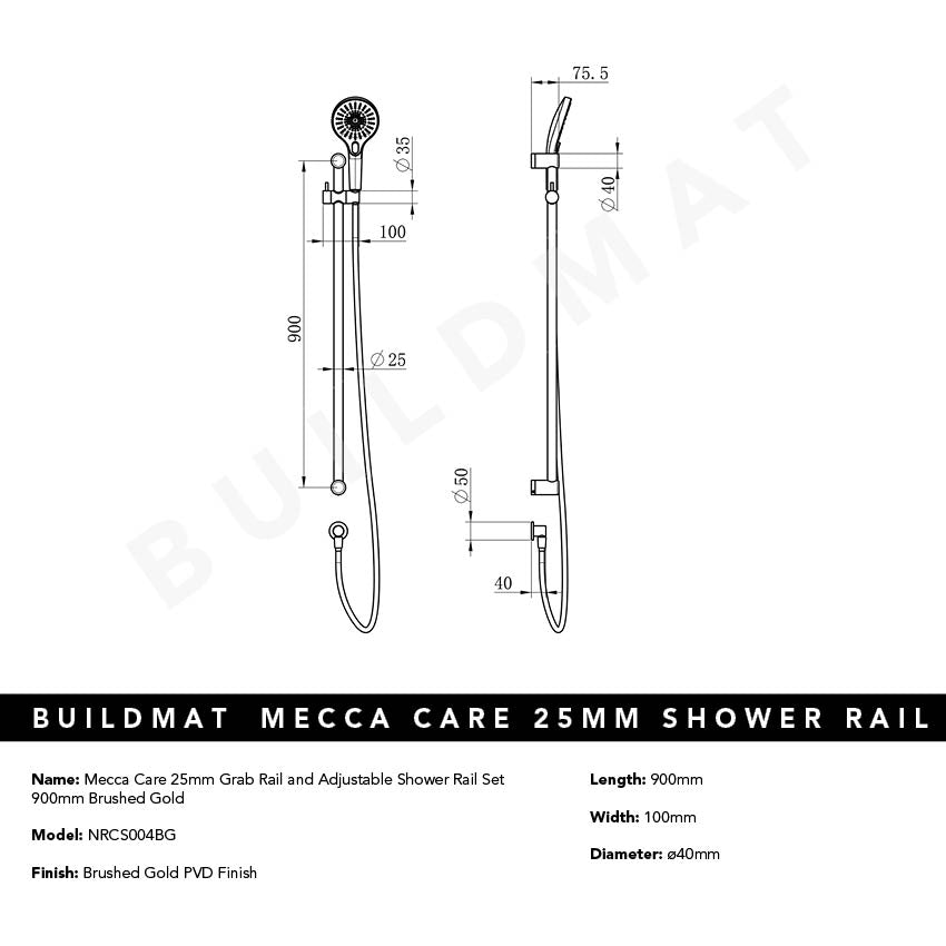 Mecca Care 25mm Grab Rail and Adjustable Shower Rail Set 900mm Brushed Gold