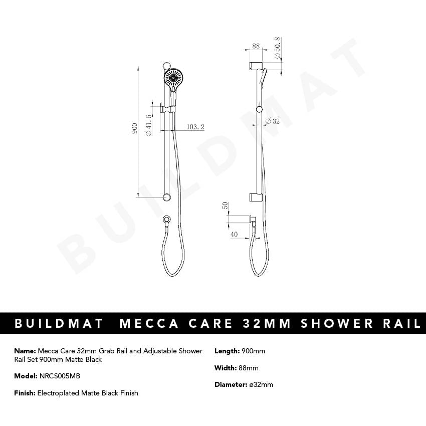 Mecca Care 32mm Grab Rail and Adjustable Shower Rail Set 900mm Matte Black