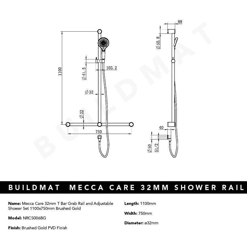 Mecca Care 32mm T Bar Grab Rail and Adjustable Shower Set 1100x750mm Brushed Gold