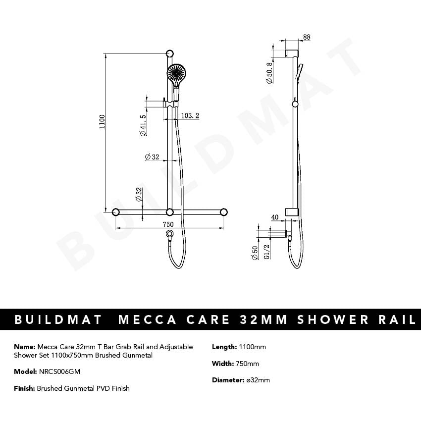 Mecca Care 32mm T Bar Grab Rail and Adjustable Shower Set 1100x750mm Brushed Gunmetal