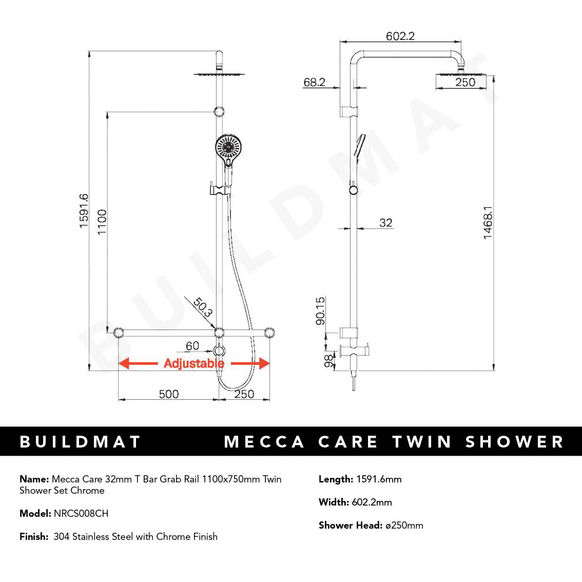 Mecca Care 32mm T Bar Grab Rail 1100x750mm Twin Shower Set Chrome