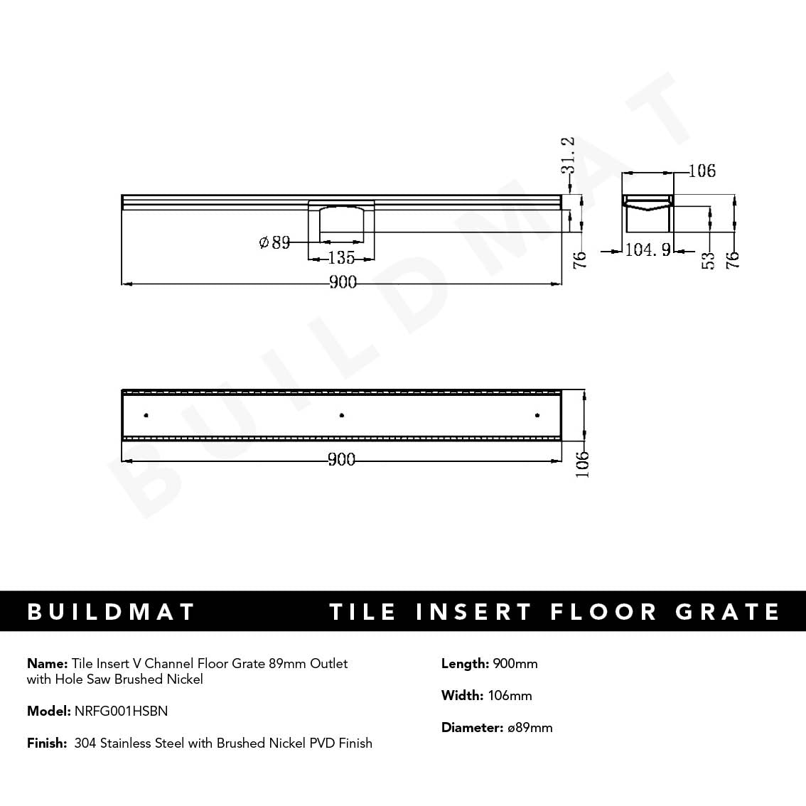 Tile Insert V Channel Floor Grate 89mm Outlet with Hole Saw Brushed Nickel