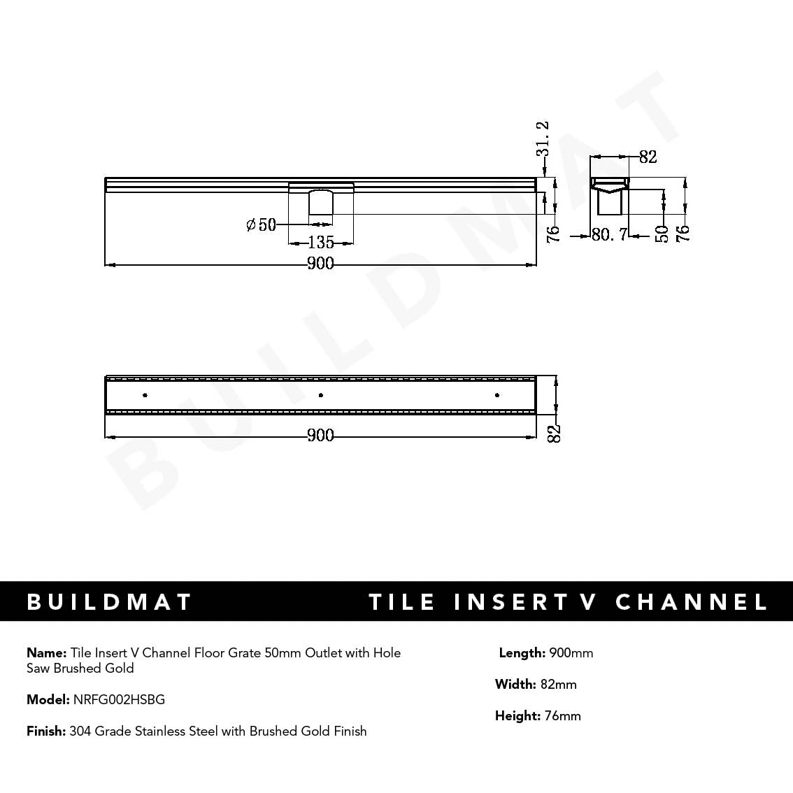 Tile Insert V Channel Floor Grate 50mm Outlet with Hole Saw Brushed Gold