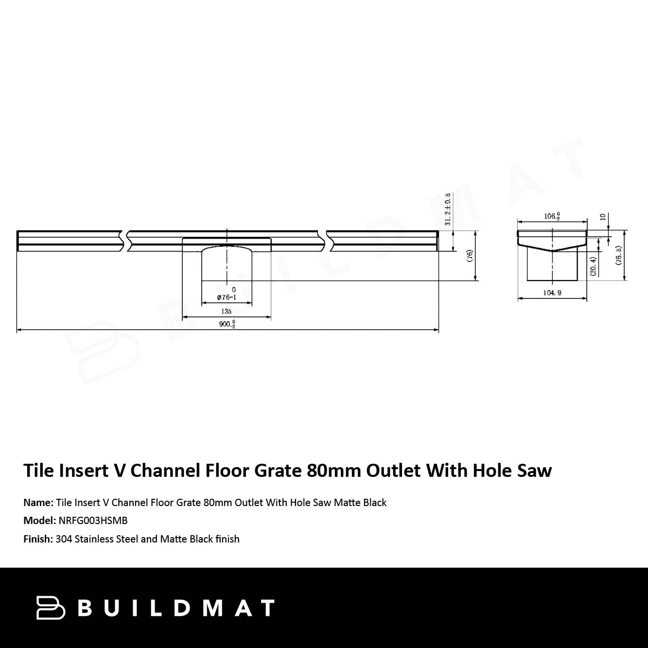 Tile Insert V Channel Floor Grate 80mm Outlet With Hole Saw Matte Black