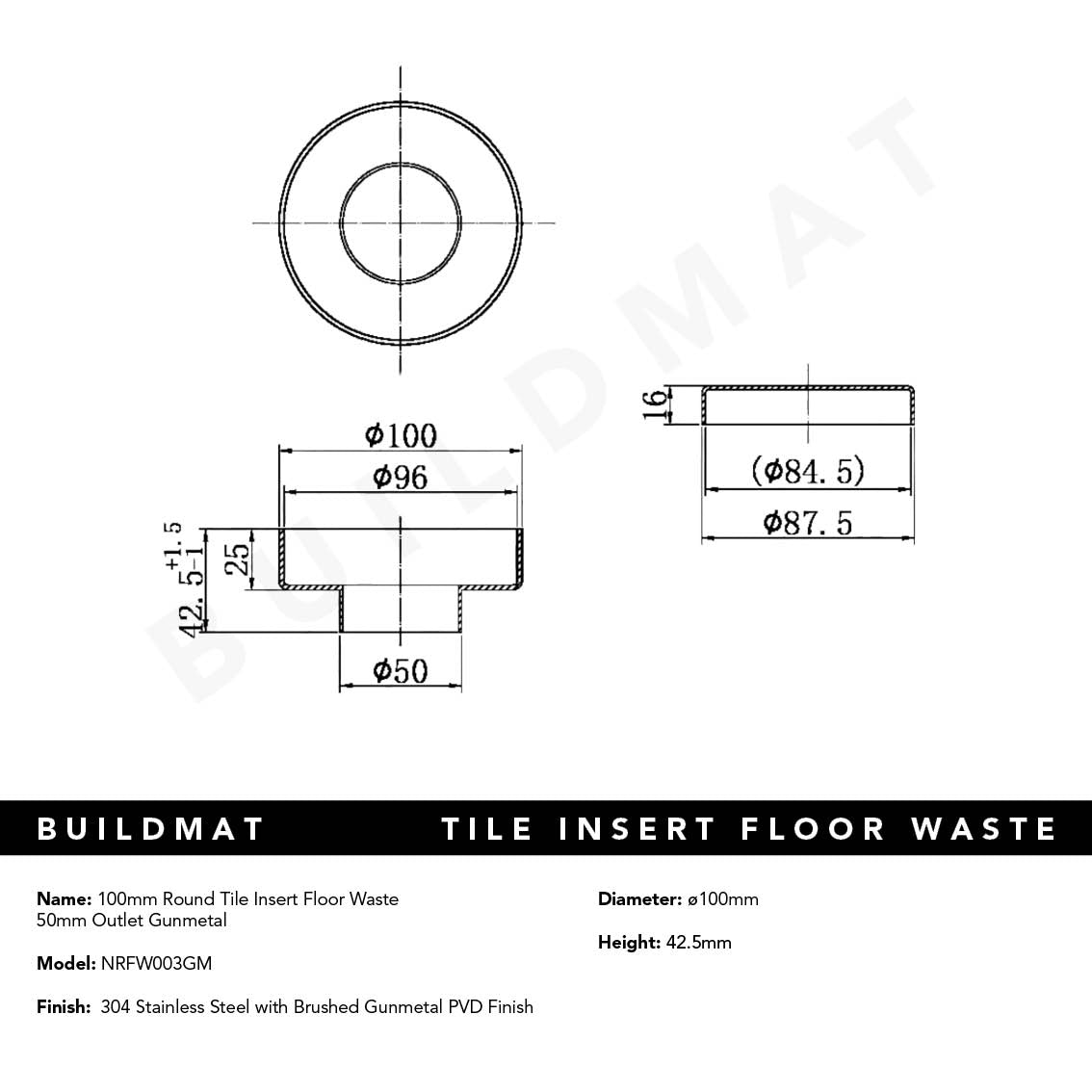 100mm Round Tile Insert Floor Waste 50mm Outlet Gunmetal